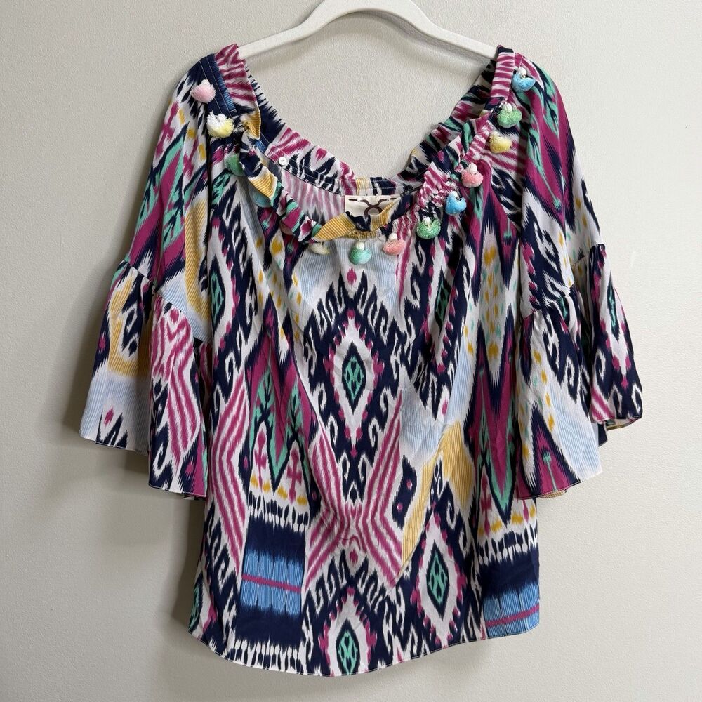 Figue Off-The-Shoulder Multicolor Boho Print Tassel Trim Silk Blouse Size Medium